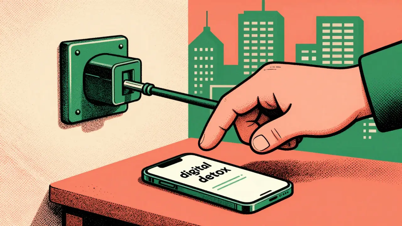 Иллюстрация концепции цифрового детокса и соблюдения границ рабочего времени.