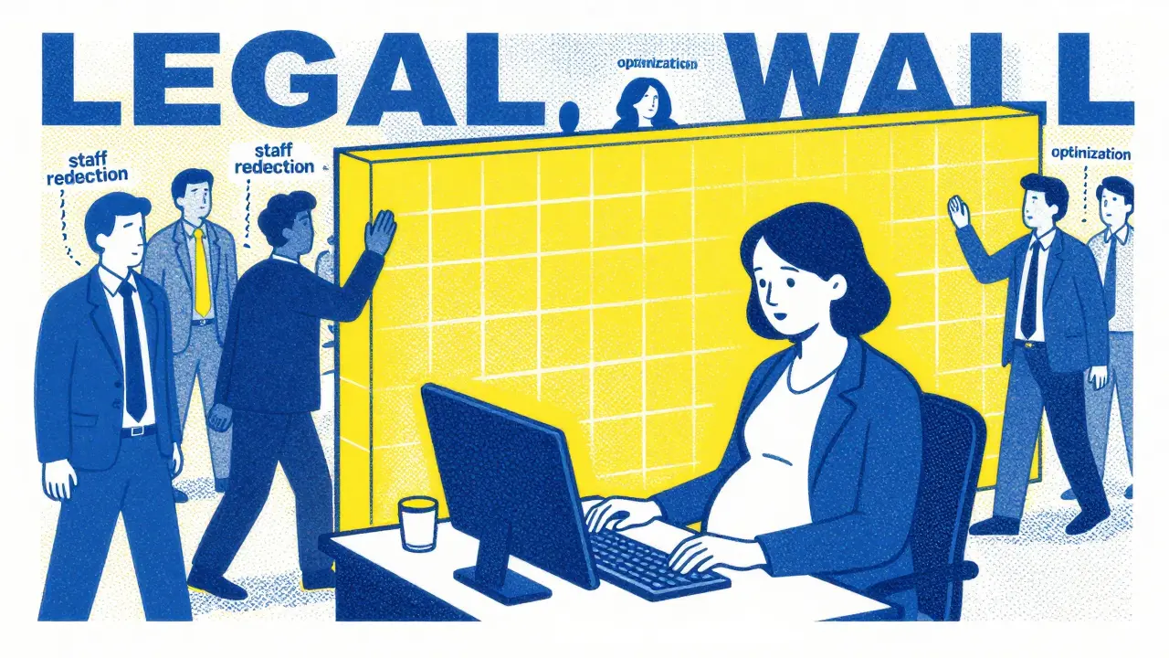 Иллюстрация защиты беременной женщины от увольнения в стиле ризографии