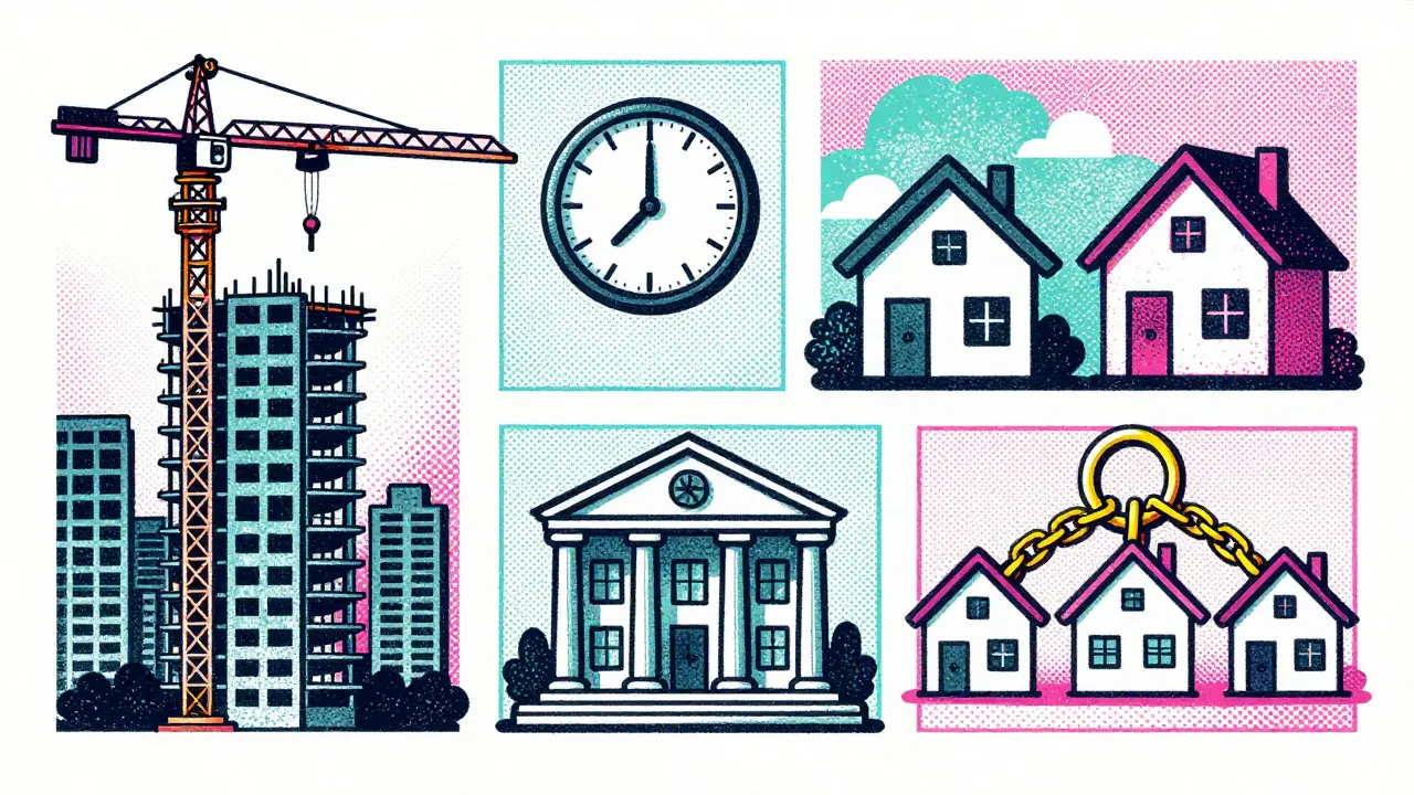 Коллаж с новостройкой, банком и цепочкой квартир в стиле ризографии