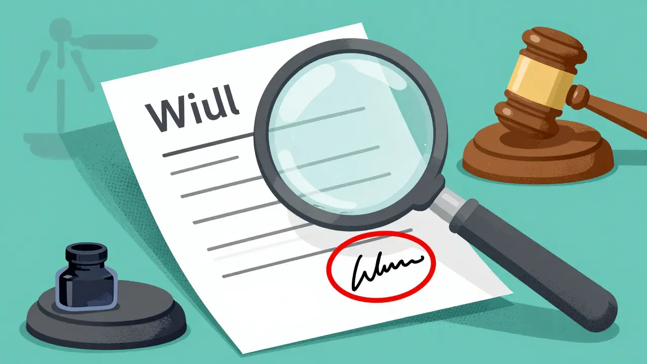 Лупа над завещанием, выделяющая поддельную подпись в стиле ризографии