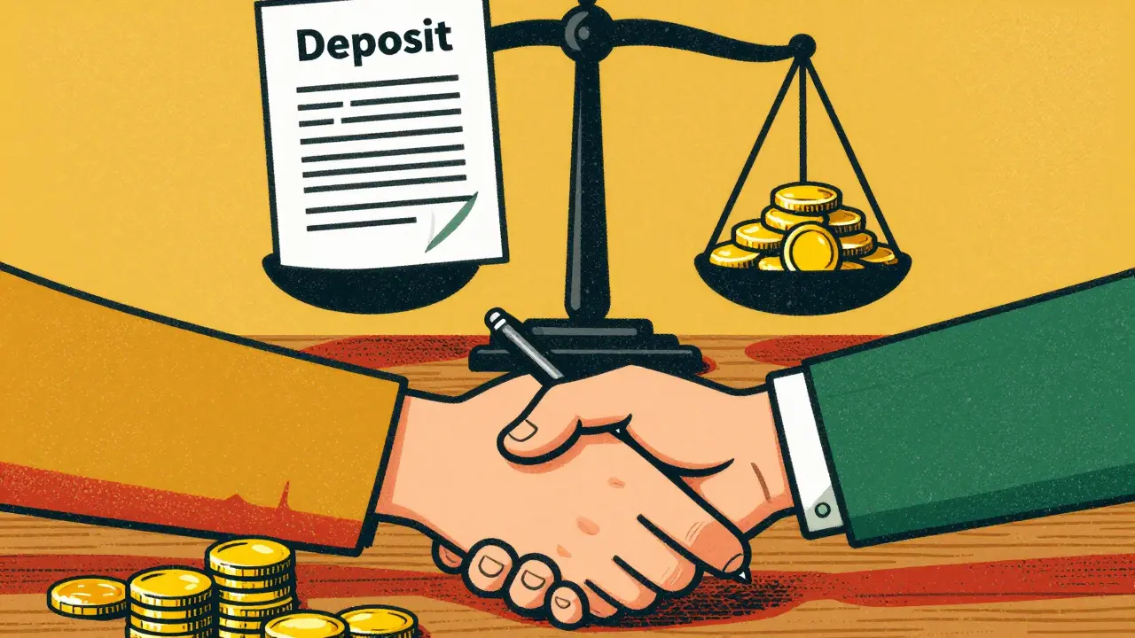 Рукопожатие над договором и монетами, символизирующее задаток