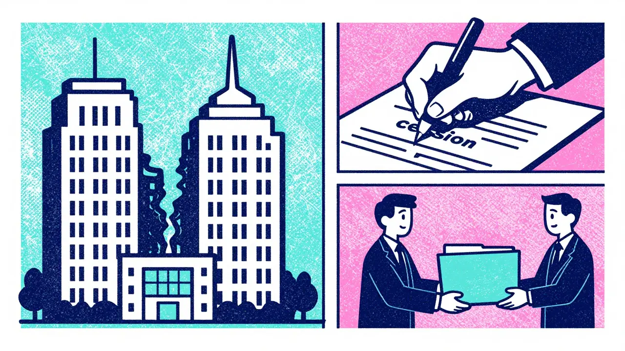 Сцены реорганизации компаний и подписания договора цессии в стиле ризографии