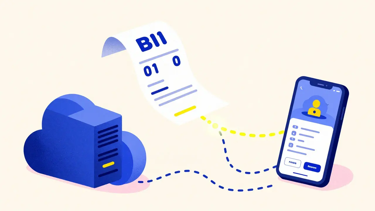 Схематичное изображение цифрового чека и банковского приложения