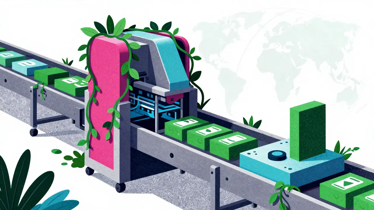 Современная производственная линия, интегрированная с природой, в стиле ризографии