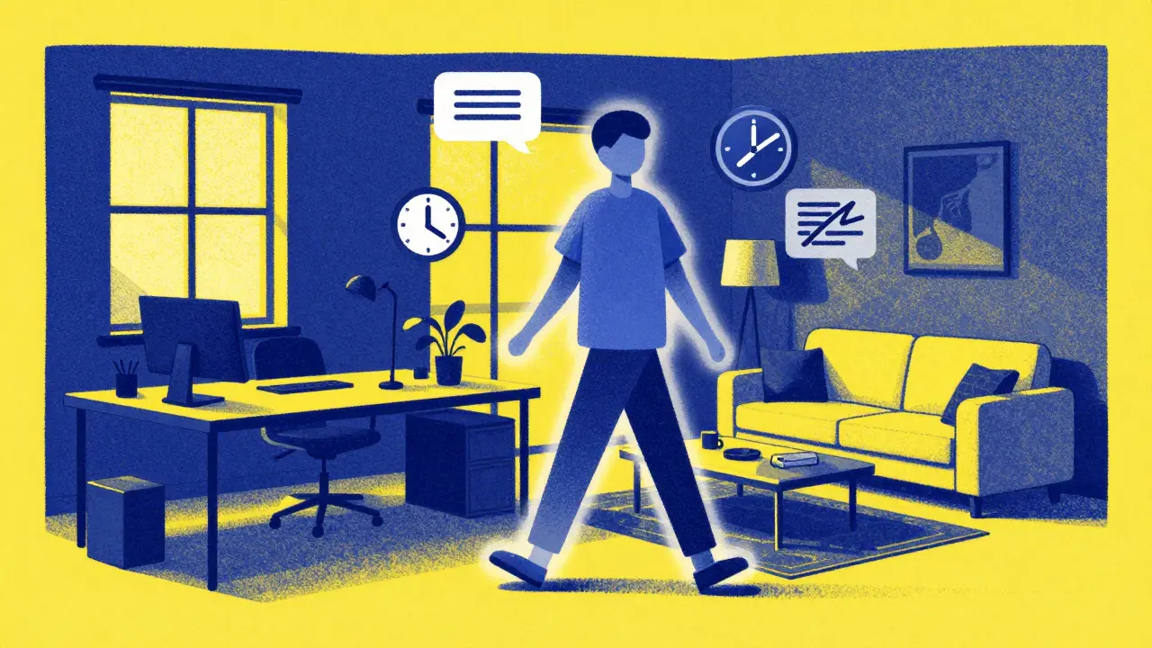 Стилизованное изображение гибридного формата работы, объединяющее офис и дом.