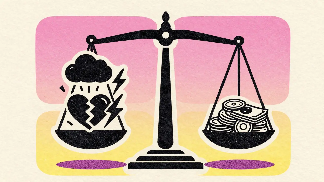 Стилизованные весы, где эмоциональные страдания уравновешиваются денежной компенсацией.