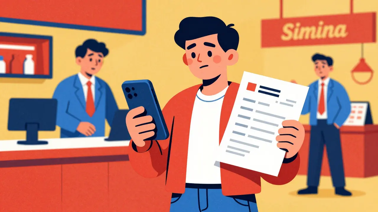 Уверенный покупатель с телефоном и претензией в магазине