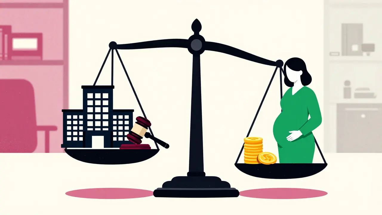 Весы правосудия с образом беременной женщины и компенсацией в стиле ризографии