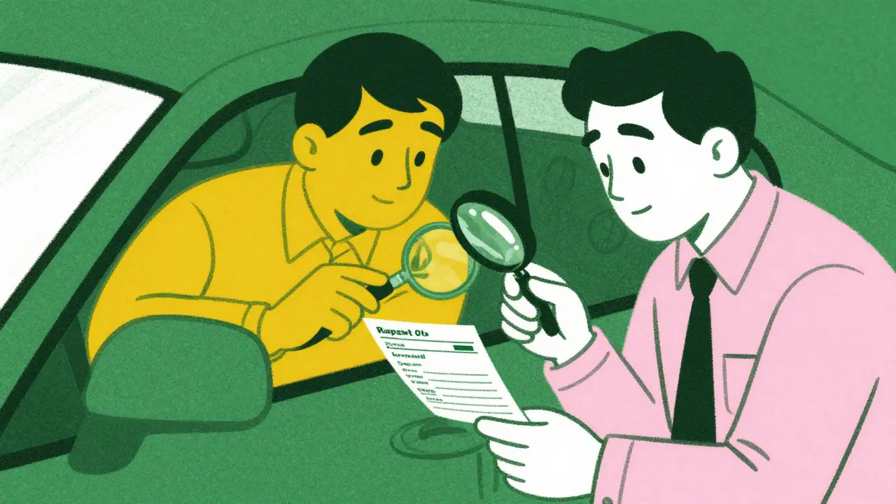 Водитель и автоэксперт проверяют смету ремонта автомобиля для оспаривания суммы взыскания.