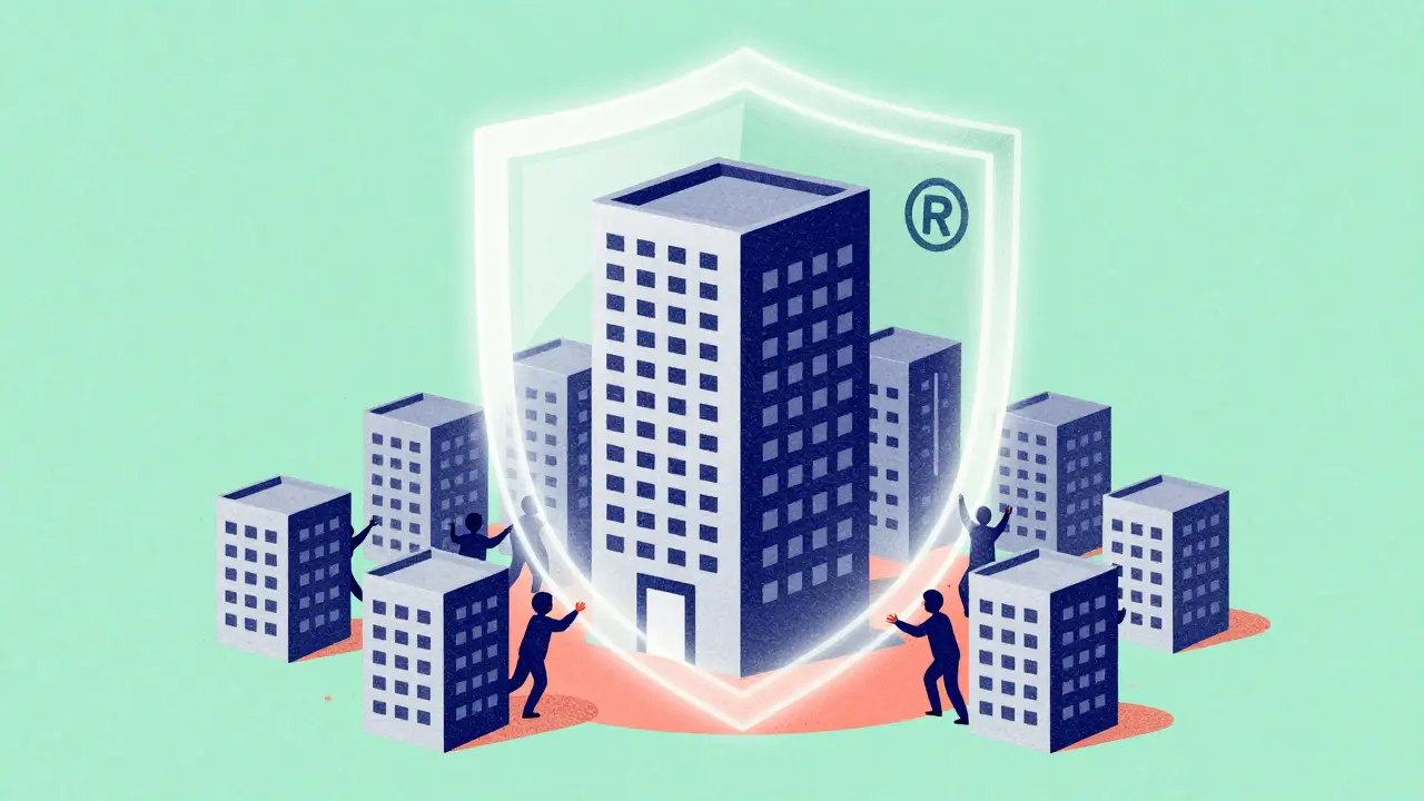 Защитный купол товарного знака вокруг здания компании в стиле ризографии