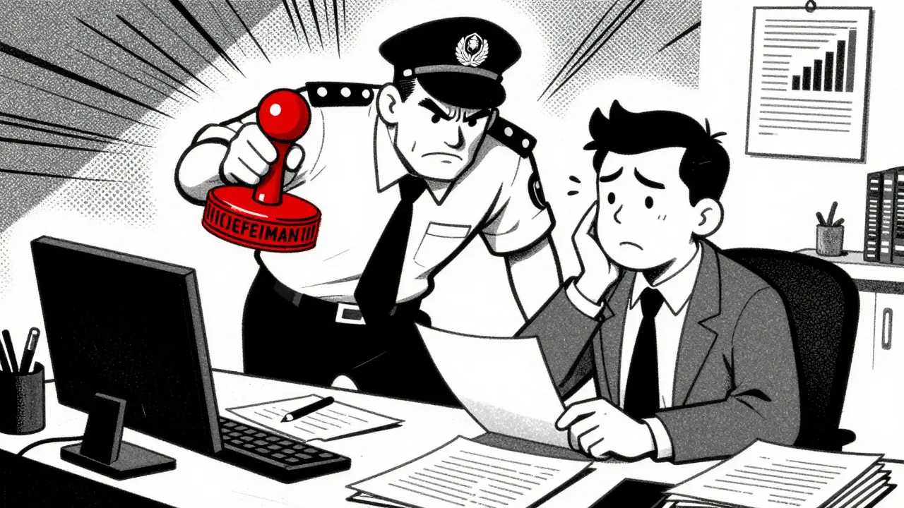Карикатура в стиле ризо: инспектор штрафует работодателя за нарушения