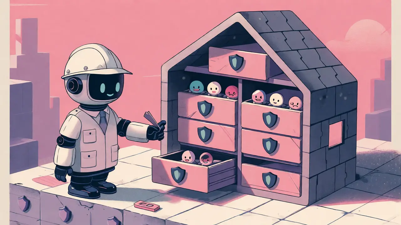 Иллюстрация концепции Privacy by Design с роботом, организующим данные в безопасном цифровом доме