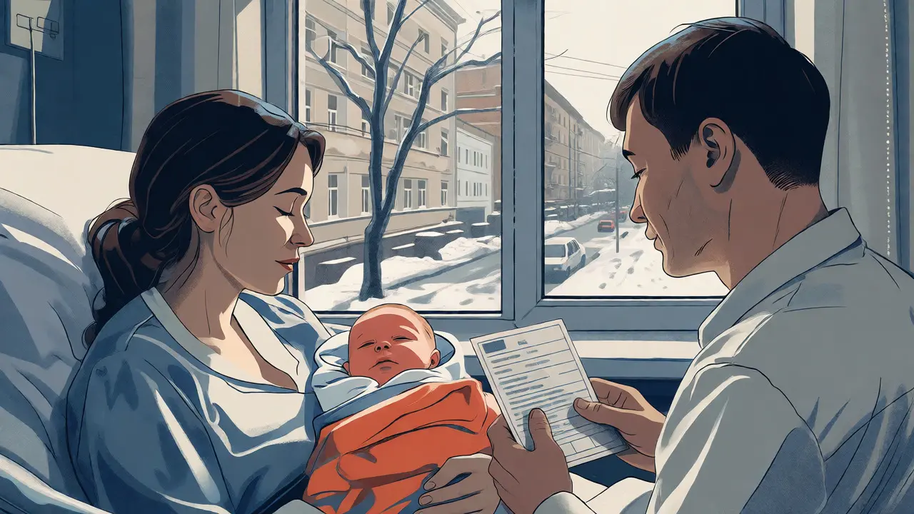 Новорожденный в роддоме с родителями на фоне зимней Москвы